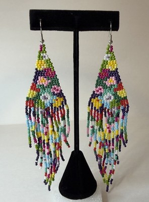Handmade Native Boho Floral Fringe Style Seed Bead Earrings Pre-Owned 