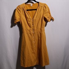 Gap Linen Blend Dress Mustard Yellow V Neck Button Down Knee Length Coquette 6
