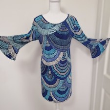 Tori Richard Kleid M Blau Hawaii Fan Print Glocke 3/4 Arm Pullover Taschen