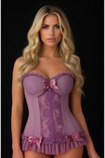 Lavender Lycra Lace Hook  Eye Stretch Bustier Corset Top Lingerie Burlesque