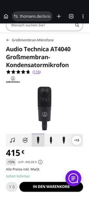Audio Technica AT4040 Großmembran Kondensatormikrofon Studio, Schwarz