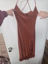 Windsor Rust Cowl Neck Midi Dress Asymmetrical Ruffle Hem Slip Bodycon Women’s