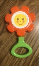 FLOWER RATTLE Fisher-Price Baby Toy Orange Vintage Classic Retro Happy Face
