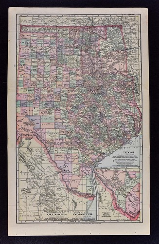 1899 Mathews-Northrup Map Texas Oklahoma Indian Territory Austin Houston Dallas