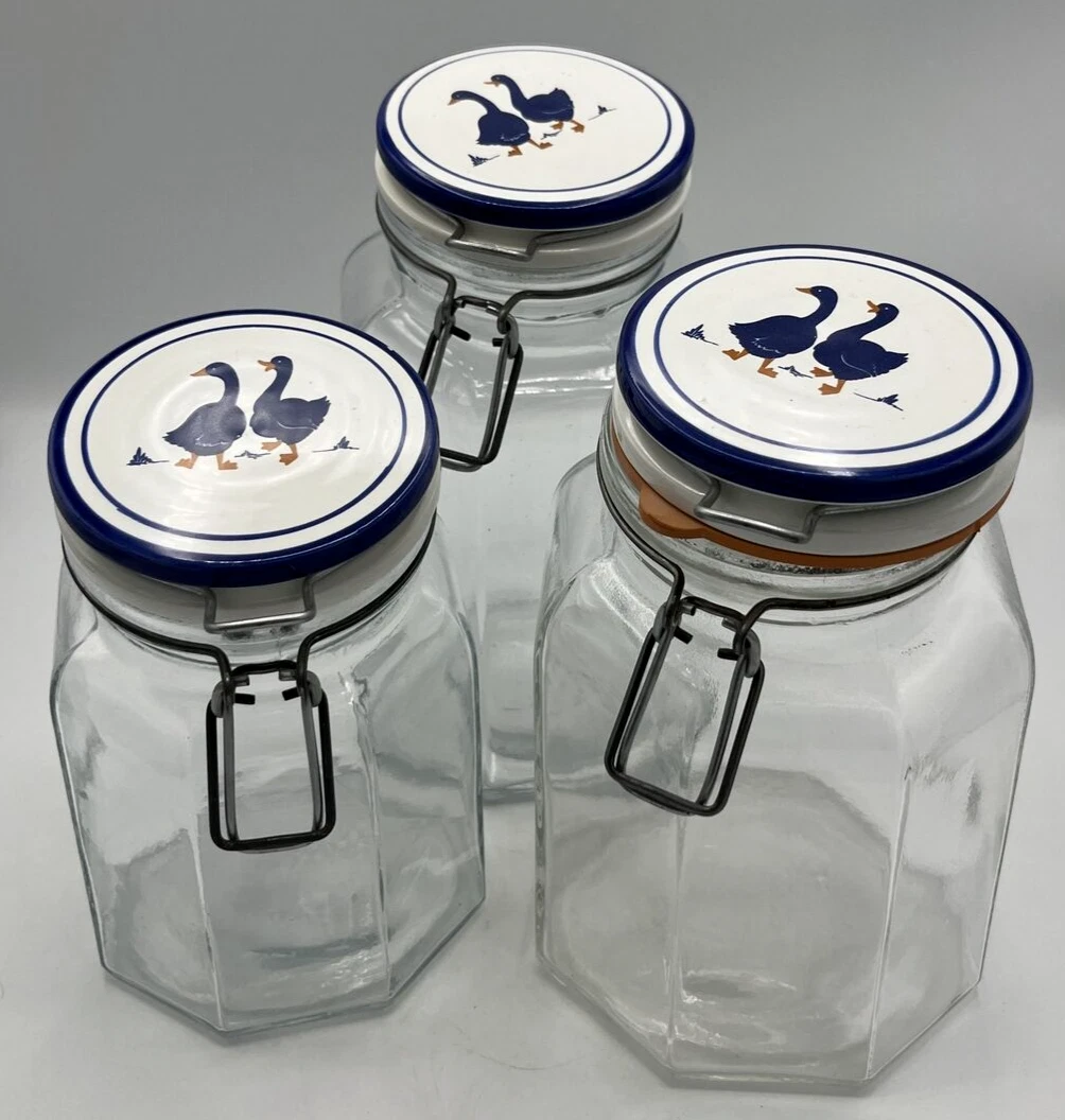 Italian Glass Jars Canisters Octagon Porcelain Geese Set of 3 Vintage