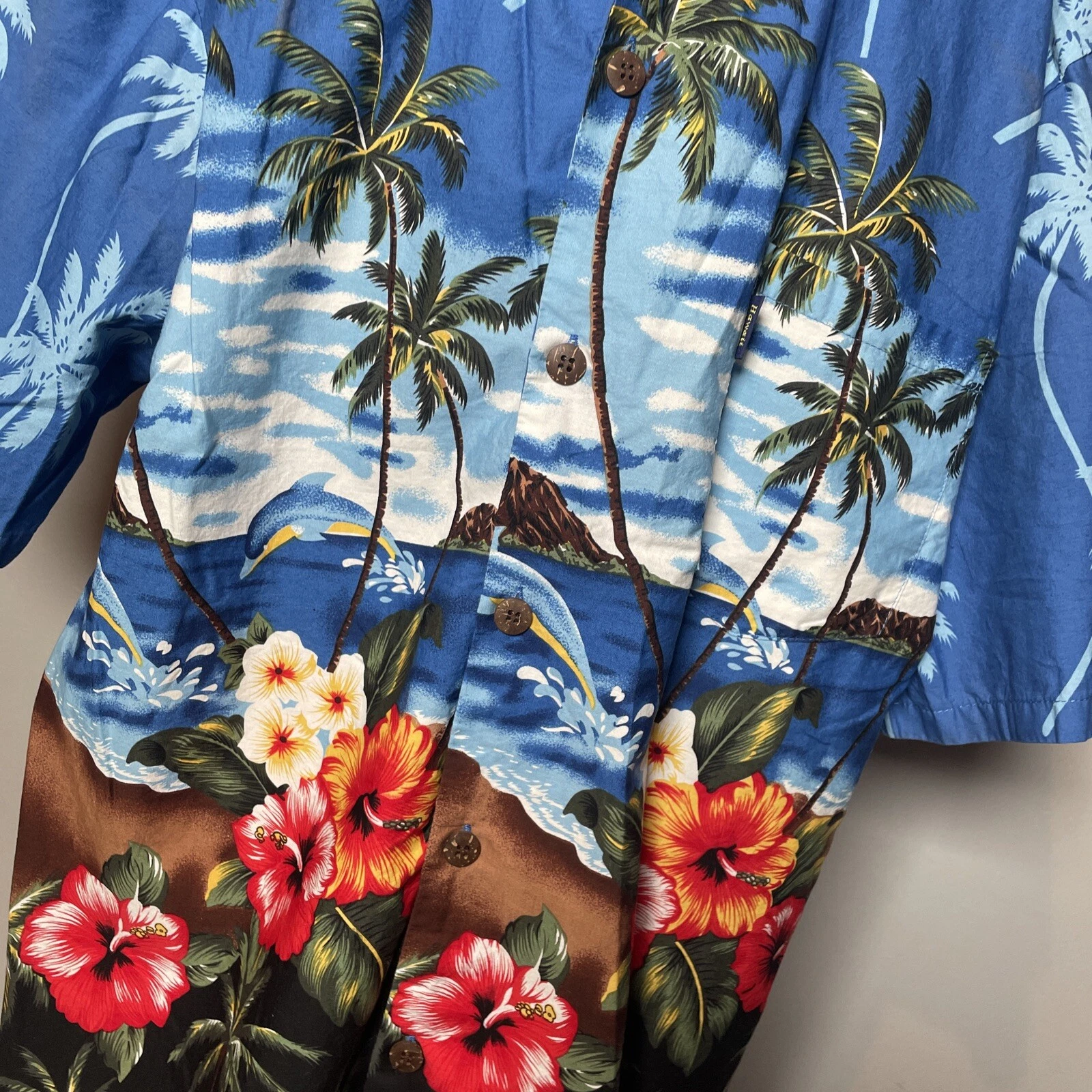 Hawaiian Button Down Shirt Palmwave Hawaii Mens Size XL Palm Trees Flower Scenic