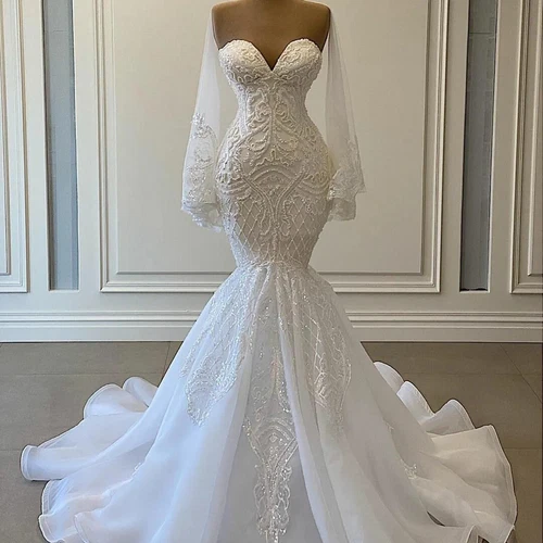 Abiti da sposa a sirena in pizzo sexy a cuore scintillante maniche lunghe abiti da sposa - Foto 3 di 11