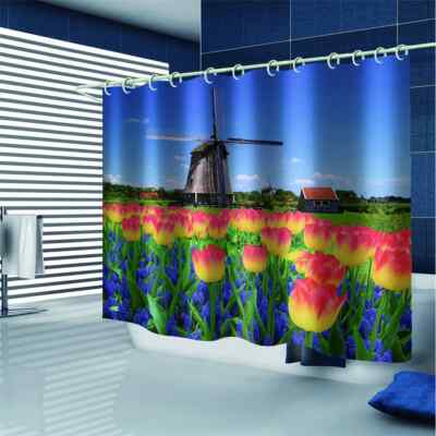 Windmill And Flowers 3D Shower Curtain Waterproof Fabric Bathroom Decoration
