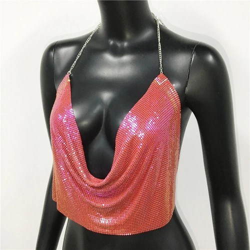 Metall Pailletten Neckholder Damen sexy V-Ausschnitt rückenlose Kette Tauchtank Weste kurzes Oberteil - Bild 18 von 27