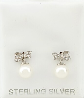 GENUINE 6 mm PEARL & WHITE SAPPHIRE STUD EARRINGS .925 SILVER - New With Tag