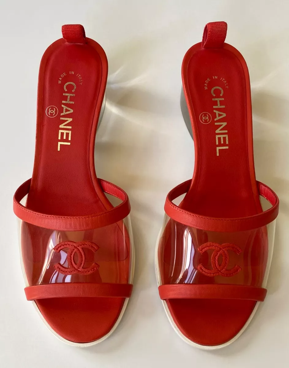 19P CHANEL CLEAR PVC RED LEATHER CC LOGO SLIDES FLATS SANDALS 37