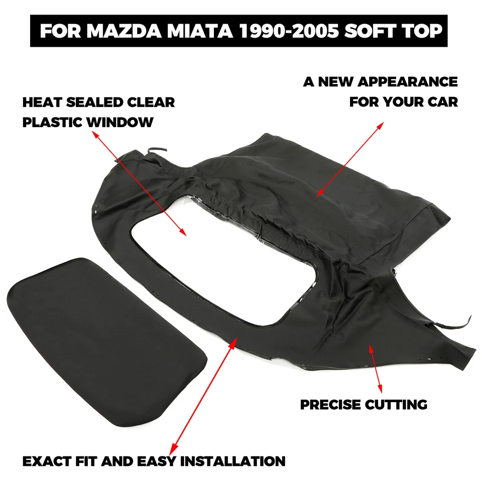 Fits Mazda Miata 1990-2005 Black Convertible Soft Top w/ Plastic Window - Image 2 of 4