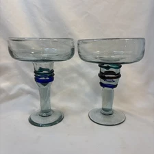 Mexican Hand Blown Glass – Set of 2 Aqua Spiral Margarita Glasses (16 oz)