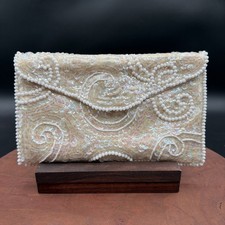 EUC La Regale Clutch Bag Womens Small White Beaded Sequin Wedding Evening Purse
