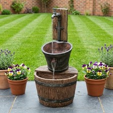 Image of Water Feature Fountain 2 Tier Tap Barrel Cascade Garden Outdoor Resin Decor