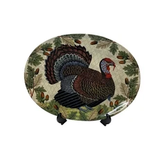 John Derian Company Stoneware Turkey Platter 17.5" x 12.5" Oval Acorn Leaf Desig