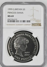 Great Britain 5 pounds 1999, NGC MS69, "Princess Diana Memorial"