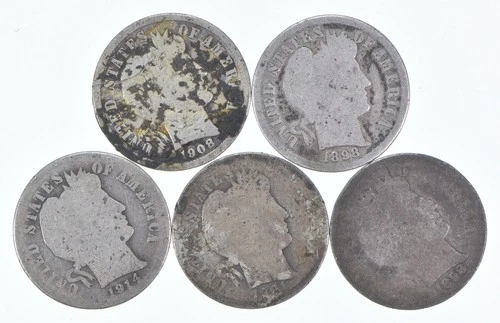 Better Lot 5 1908-D 1898 1914-S 1901-O 1898 Barber Dime 0.50 Face *170