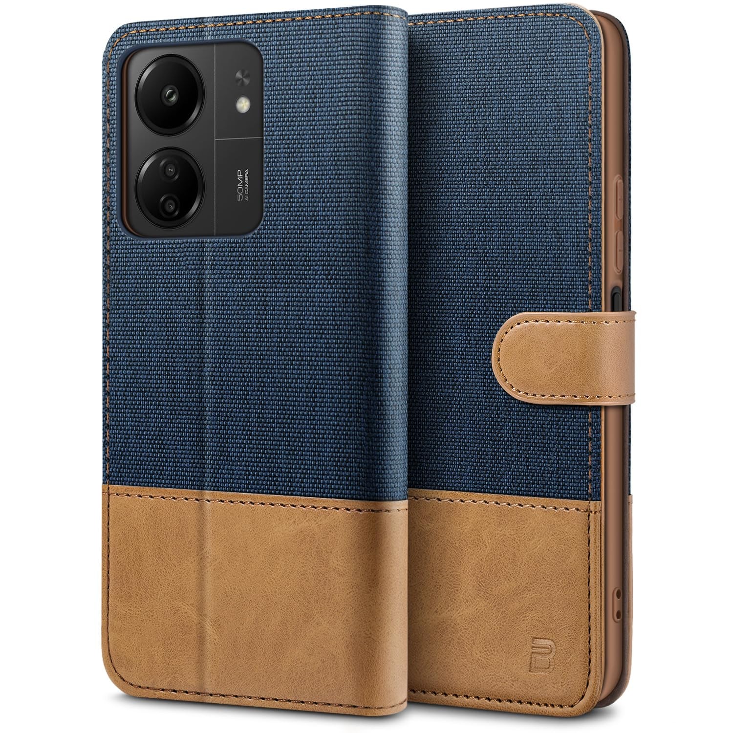 Coque pour Redmi 13C etui en similicuir premium style portefeuille marron