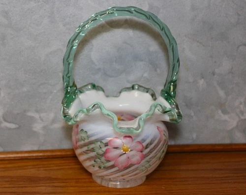 WOW! STUNNING Vintage Fenton Glass Signed Hand Painted Basket SWIRL DOGWOOD