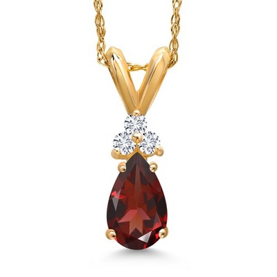 14K Yellow Gold 7X5MM Pear Shape Garnet and 3  Lab Grown Diamond Pendant