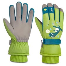 Children Ski Gloves Kids Waterproof Winter Outdoor Snowboard 5-8 Years Green
