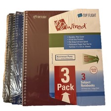 Top Flight Wired 3-Subject Wirebound Notebook - Pack Of 3 - Assorted Colors
