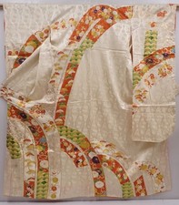 6105T10z1040 Vintage Japanese Kimono Silk FURISODE Flowers Off-white