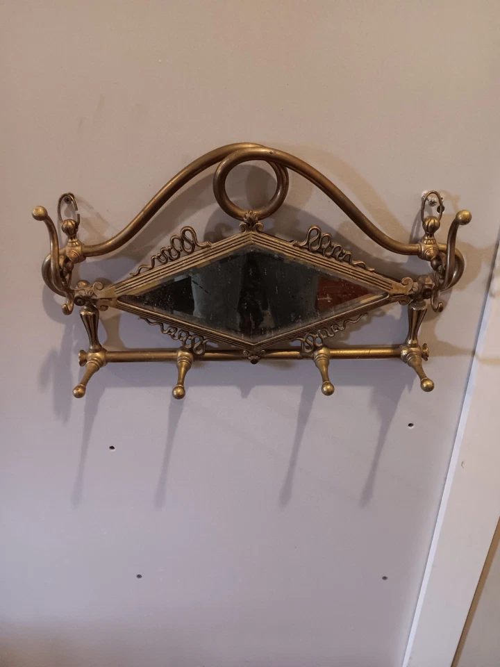 Antique Victorian Bevel Mirror With Serpents Brass 6 Hook Wall Hanging Coat Rack - Image 1 of 4