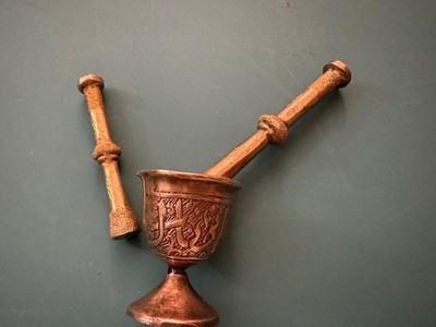 Antique Brass Mortar with 2 Pestles Ottoman Style Pseudo Arabic Ornament