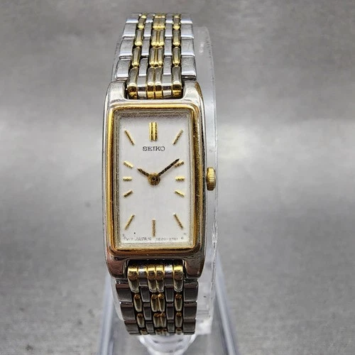 Seiko Tank Watch Women 13mm White Dial Two Tone Rectangle 2e20-7021 New Battery