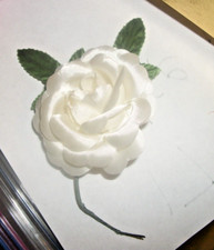 2x Vintage Millinery White Satin Roses with 2 leaves and stem