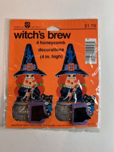 Vintage Halloween Witch's Brew 4 décorations en nid d'abeille 4 pouces de haut flambant neuf dans son emballage d'origine - Photo 1/6