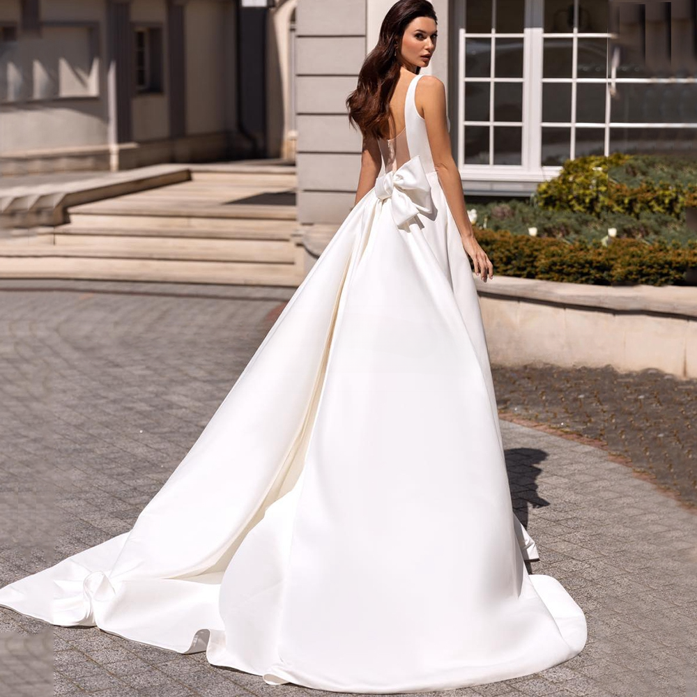 Simple Square Neck Wedding Dresses White Satin Sexy Side Slit Bridal Gowns Bow | eBay Simple Square Neck Wedding Dresses White Satin Sexy Side Slit Bridal Gowns Bow | eBay