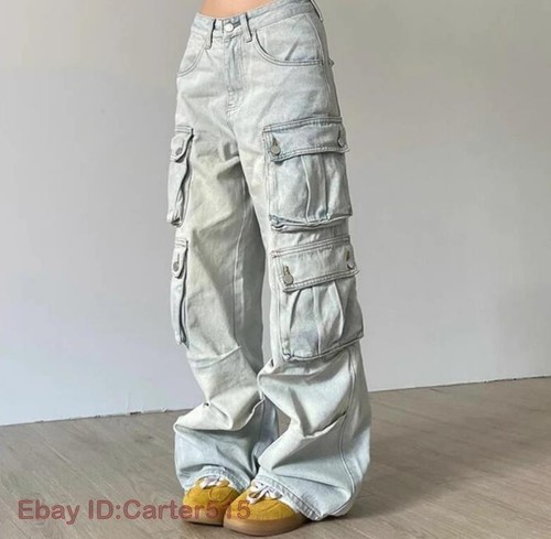 Women's Blue Denim Jeans Straight Leg Loose Fit Pockets Belt Pants Punk Trousers - Picture 3 of 17