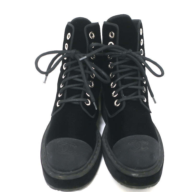 Chanel 17B CC Cap Toe Combat Boots Black Velvet Size 37.5 Chanel 17B CC Cap Toe Combat Boots Black Velvet Size 37.5