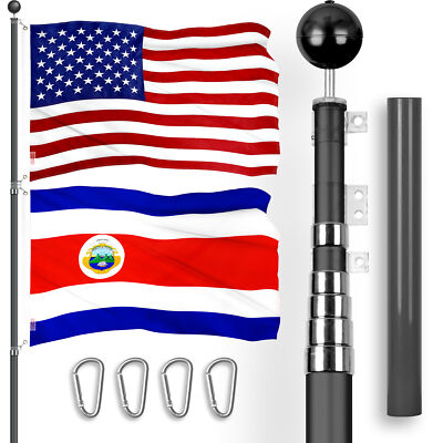 25 Ft Telescoping Flagpole Black & American and Costa Rica Flags Emb 300D 3x5Ft