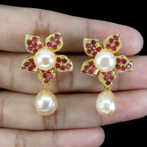 Summer 925 Silver Earrings Round Ruby Pearl Natural Gemstone Jewelry - Picture 2 of 13