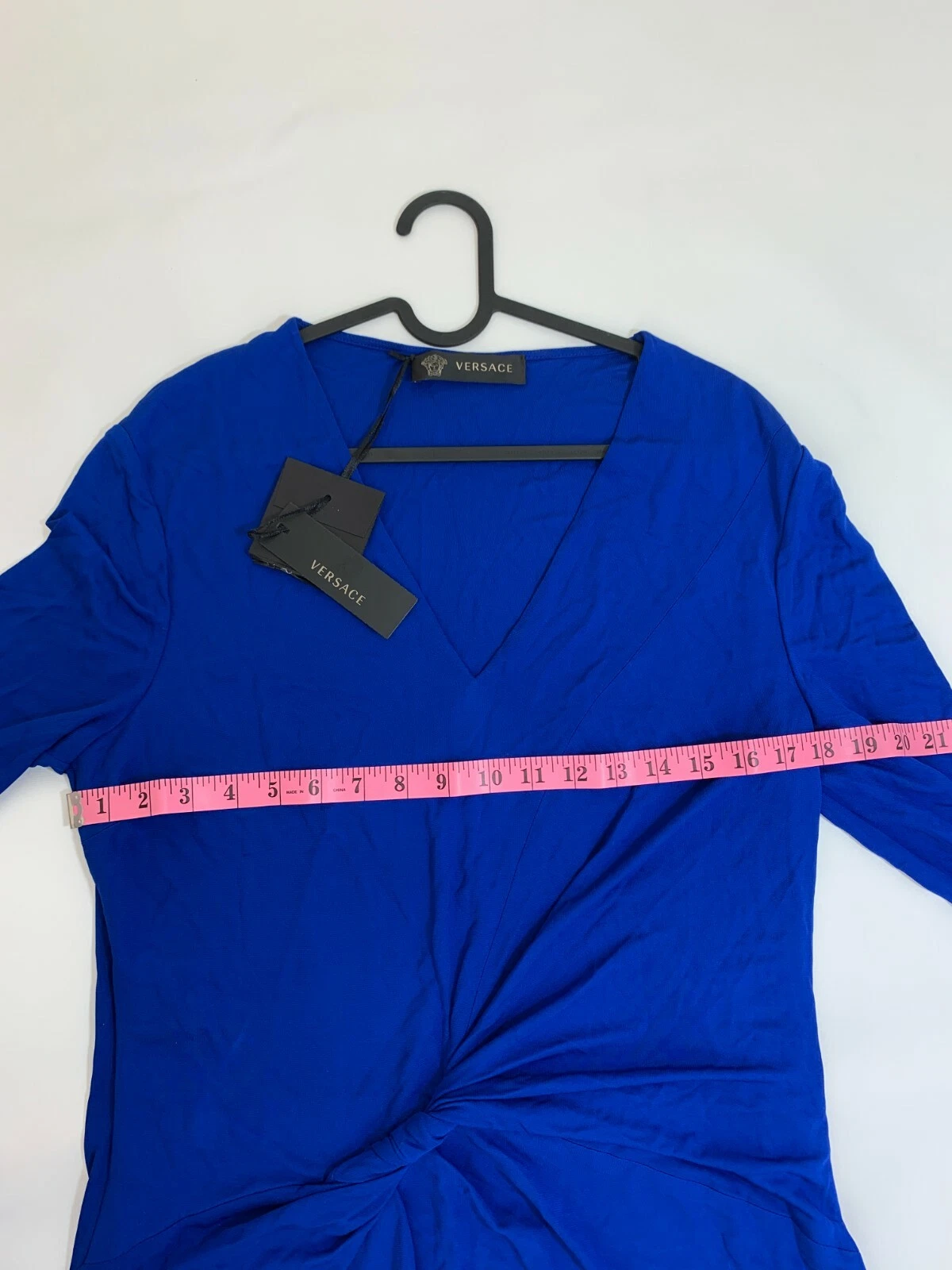 Abito VERSACE Prima Linea Blu Twist Drappeggiato LOGO BOTTONE Manica 3 4 Elasticizzato Taglia52