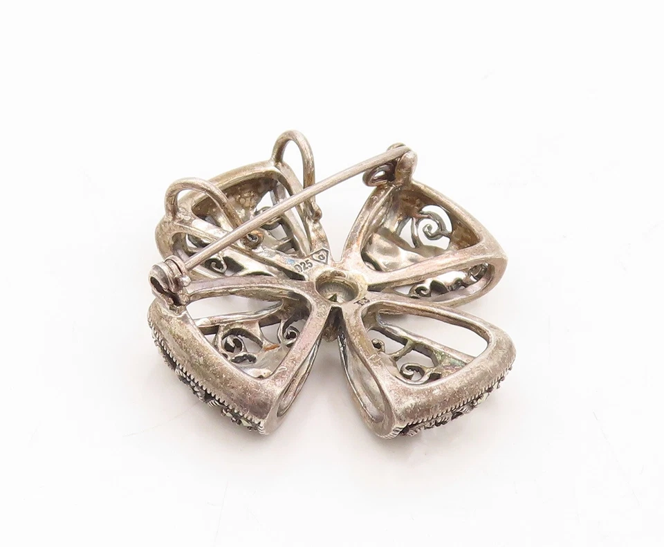 925 Sterling Silver Vintage Brooch Pin Carved Peridot Marcasite Flower  BP11273 - Image 4 of 4