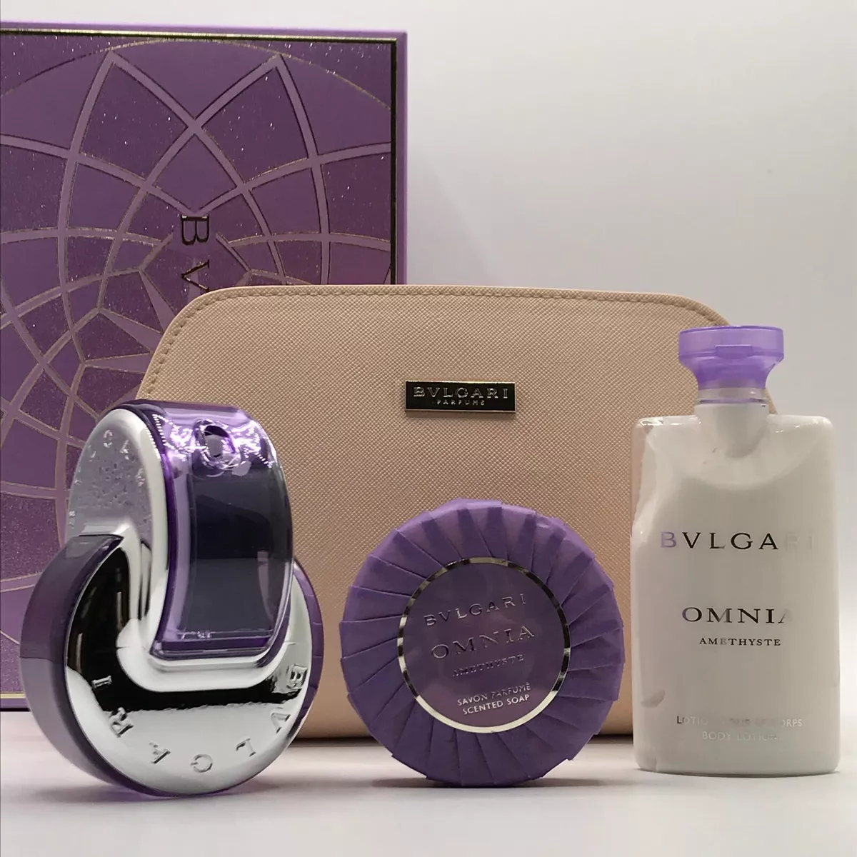 Bvlgari Omnia Amethyste 4pc Set Perfume Spray 2.2 oz Lotion 2.5