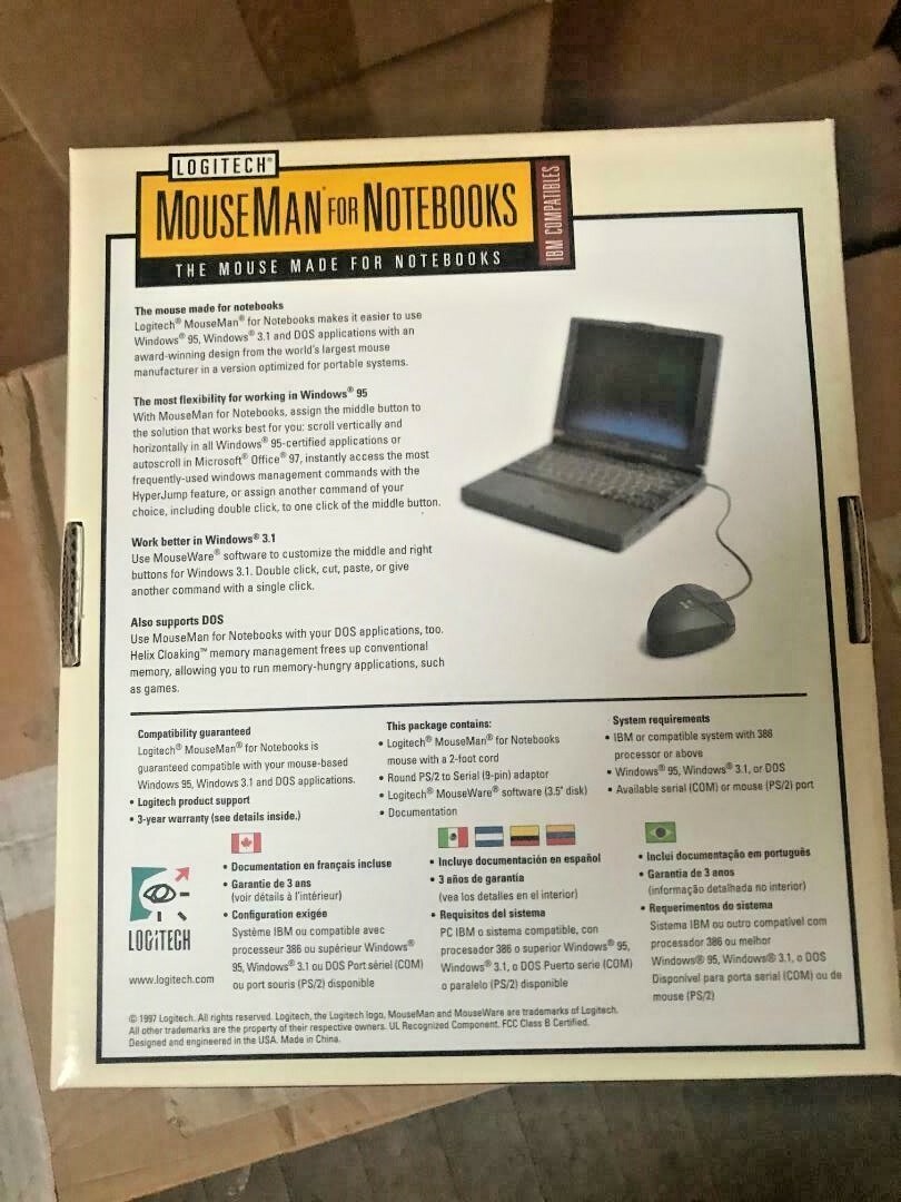 NEW VINTAGE RETAIL BOX CLASSIC LOGITECH MOUSEMAN FOR NOTEBOOKS PS2 
