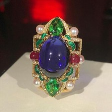 Very Beautiful Cabochon Shape 18.65CT Sapphire Green CZ Pearl Women Vintage Ring