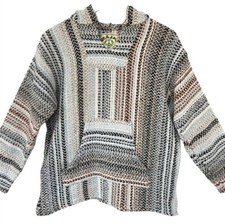 Baja Joe Neutral Woven Mexican Poncho Hoodie Sweatshirt Cozy Beach Unisex Small