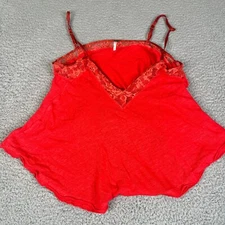 Free People Top Womens Small Linen Blend Red Lace V Neck  Crop Flowy Straps