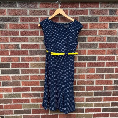 Covington Navy Blue and White Polka Dotted Yellow Belt Short Sleeve Dress |  eBay