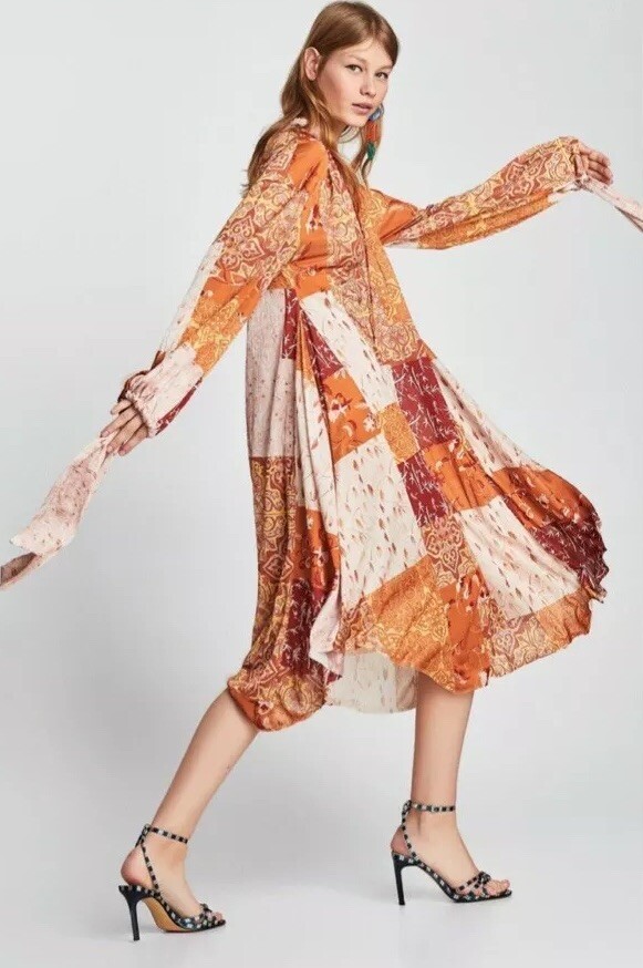 NEW ZARA 2018 OVERSIZE LONG BOHO PRINTED DRESS WITH BOWS SLEEVES SZ Small RARE image 3