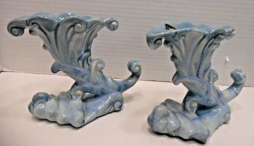 Cornucopia Blue Royal Haeger Candle Holders, Ceramic Vintage Art Pottery (pair)