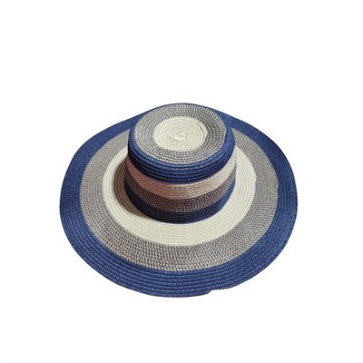 Panama Jack Womens Wide Brim Sun Hat Navy Blue Tan Striped Paper Braid 57cm