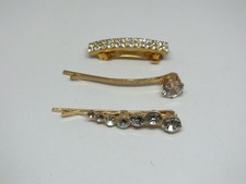 Beautiful Hair Jewlery Clips Set 3 Gold Tone Clear Rhinestones All Different